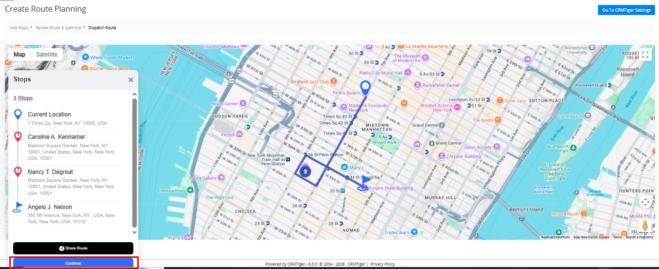 Continue to route list