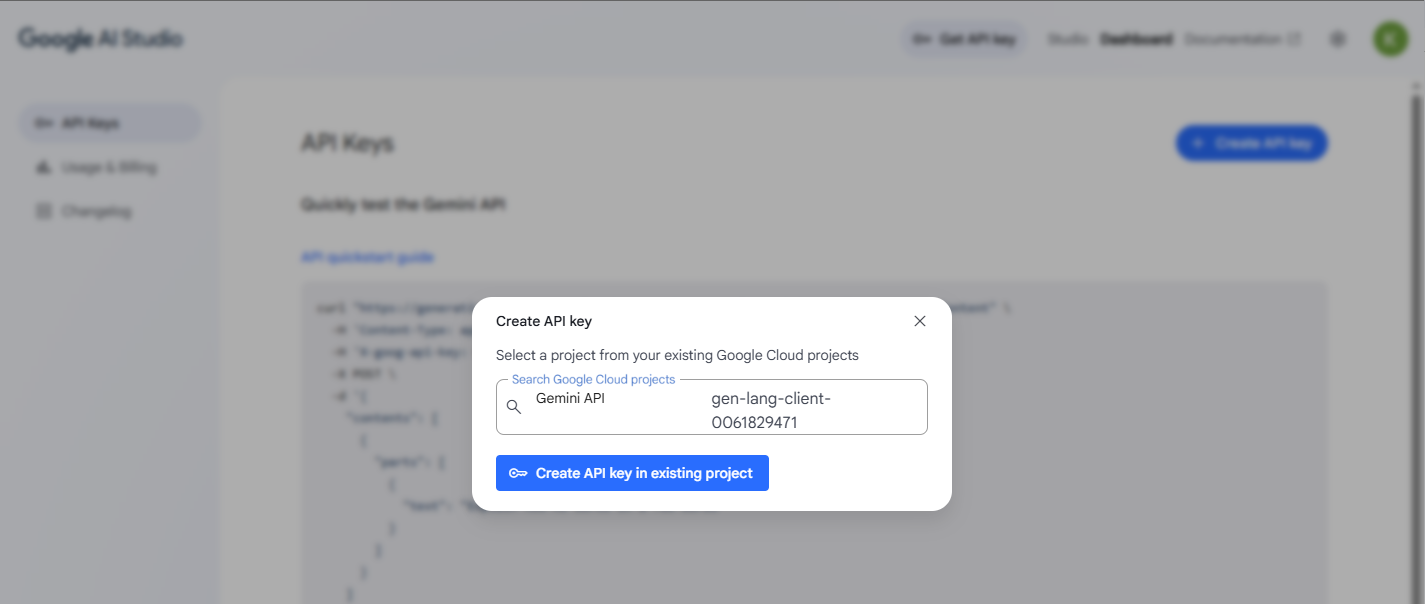 Create API key for existing project