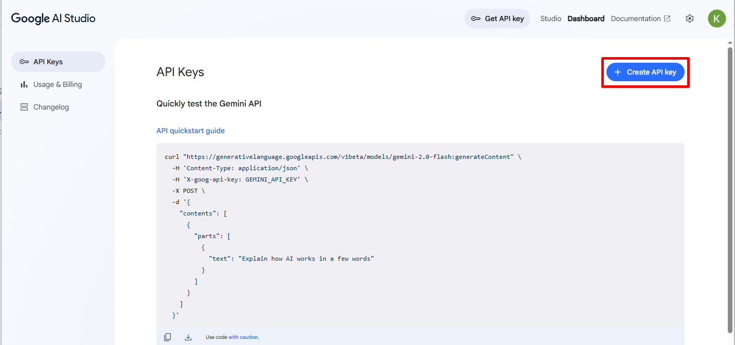 Create API key screen