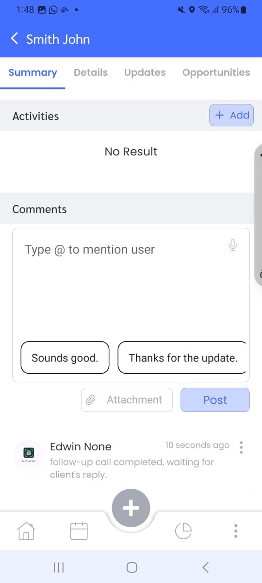 CRM app follow-up call comment