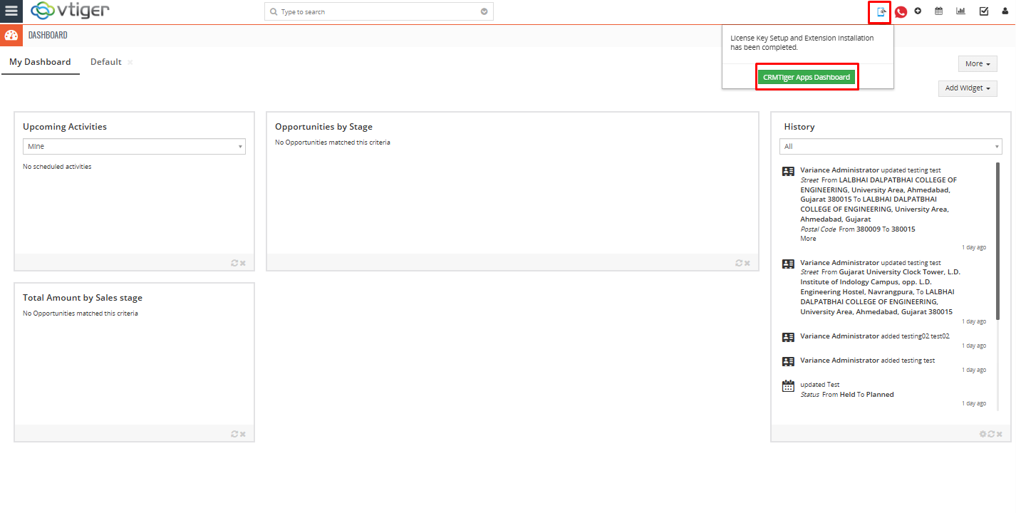 CRMTiger dashboard popup