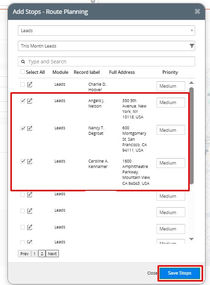 Select multiple route stops