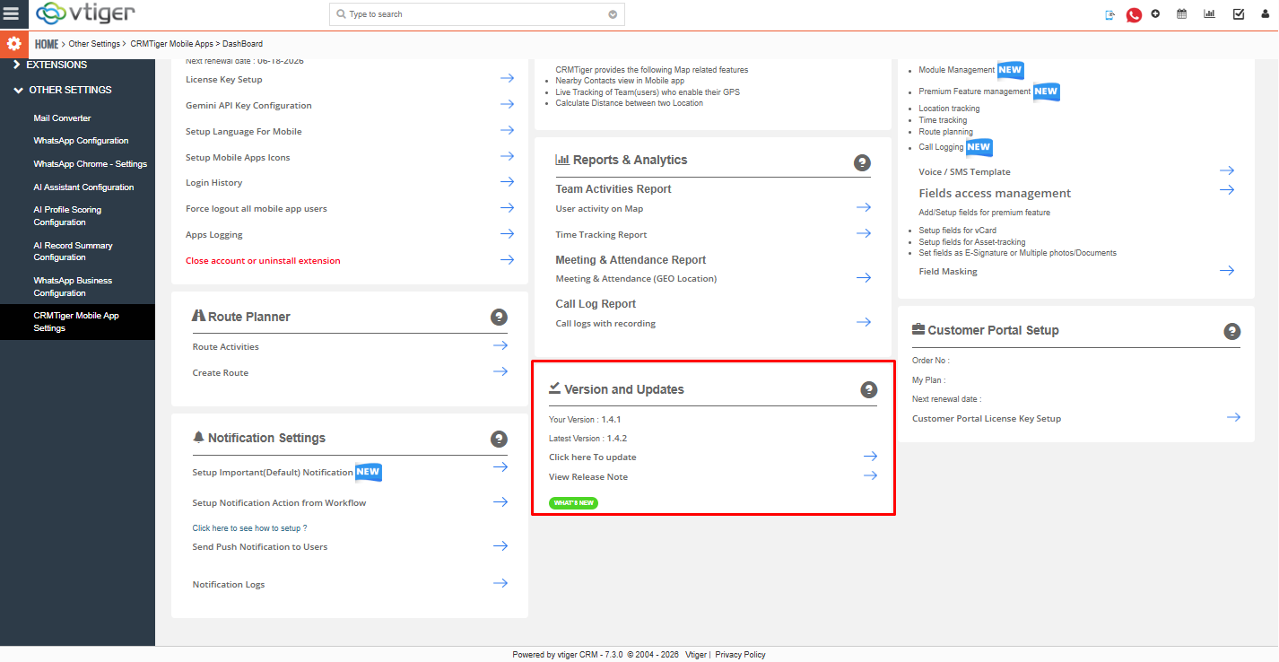 CRMTiger dashboard settings path