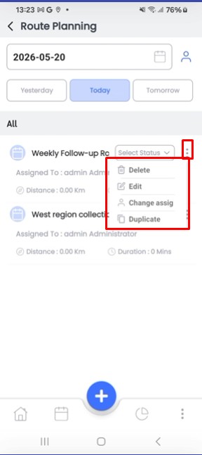 Manage route planner using actions menu