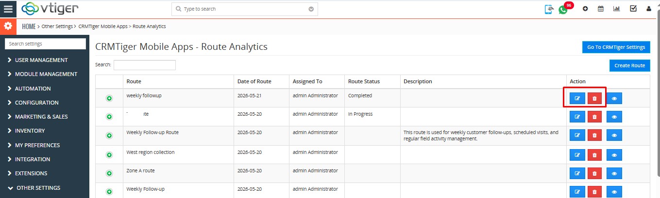 Manage route planner edit or delete route