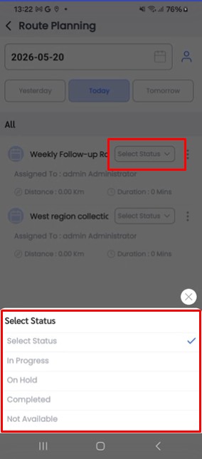 Manage route planner status using dropdown