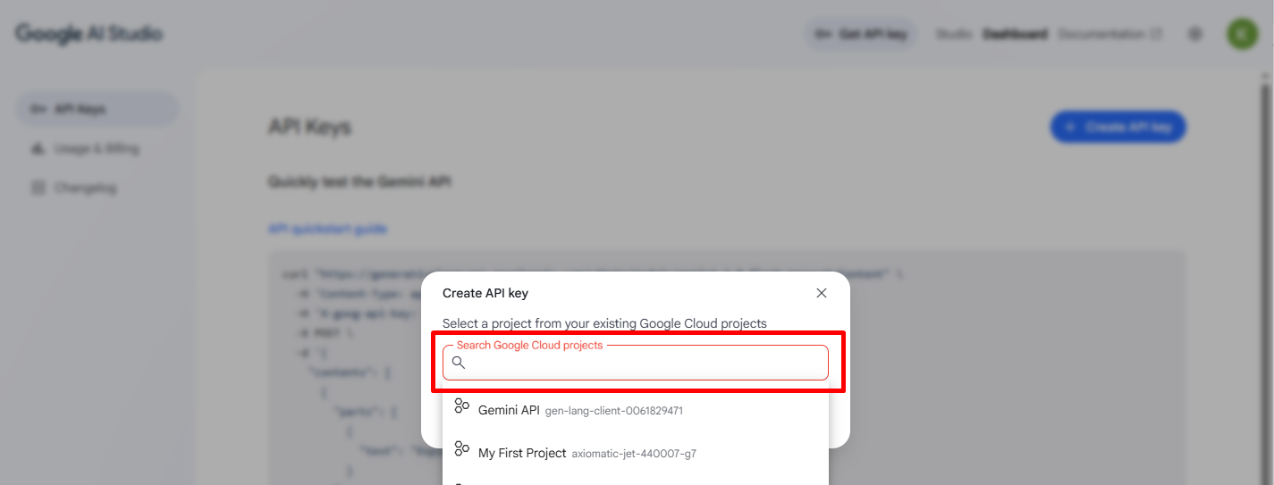 Select project for API key