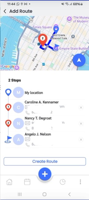 Selected stops on map