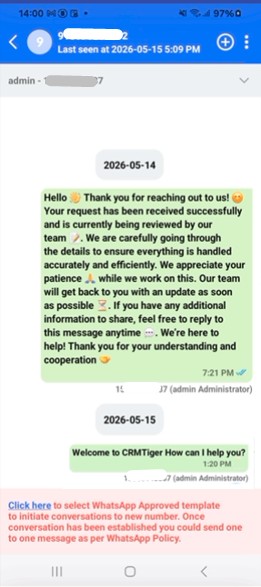 Manage WhatsApp chat window in CRM