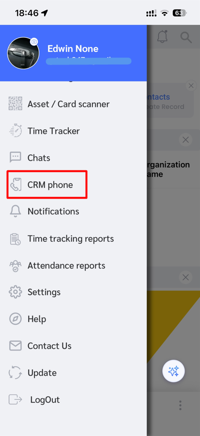 CRM Phone configuration screen