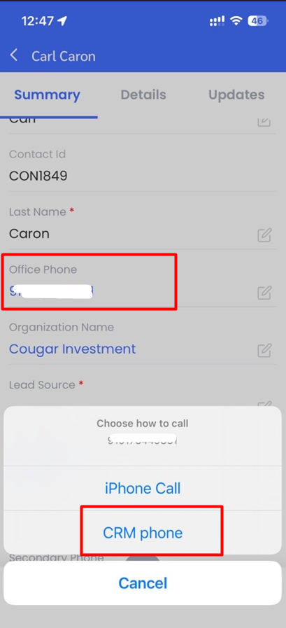 Select phone number
