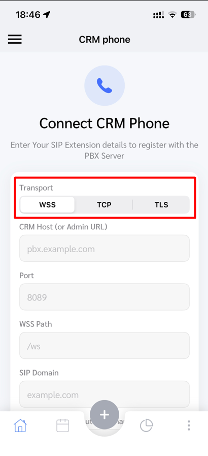CRM Phone transport settings