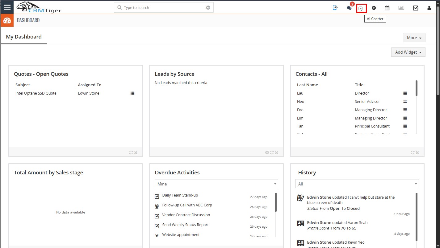 Access AI Chatter from Vtiger CRM dashboard
