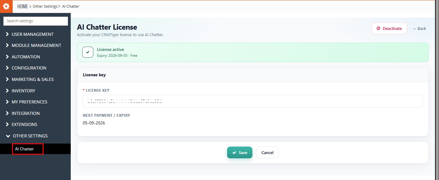 AI Chatter license configuration for Vtiger CRM