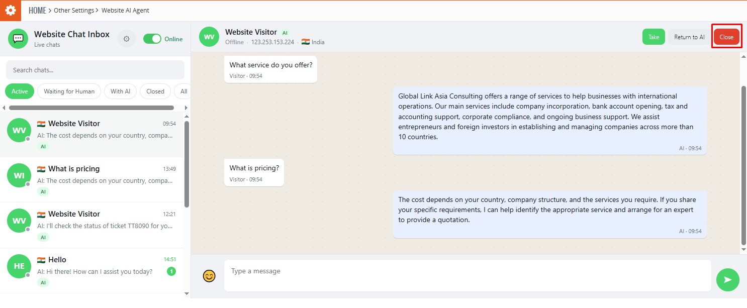 Close Website AI Agent conversation