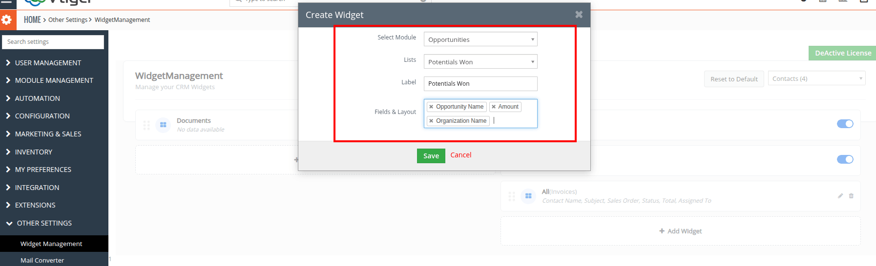 Configure widget details popup