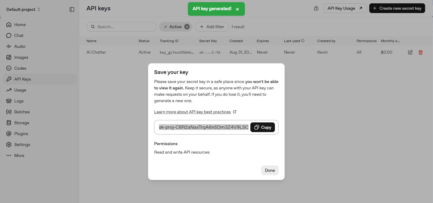 Copy OpenAI API key for AI Chatter
