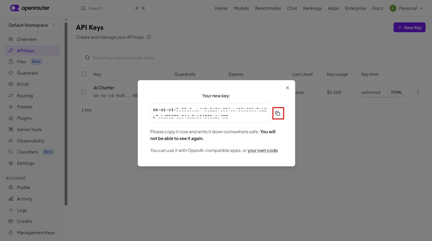 Copy OpenRouter API key to AI Chatter