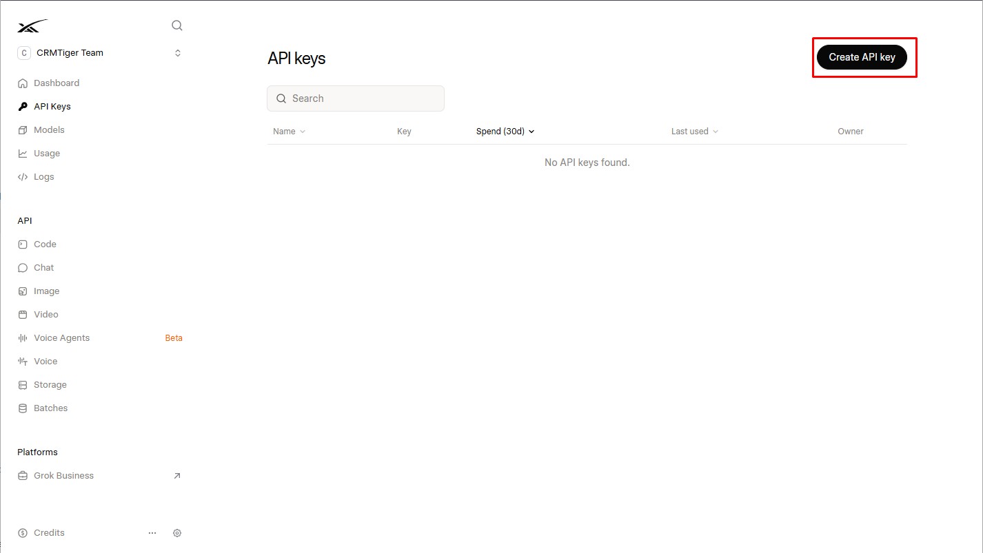 Create xAI API key for AI Agent
