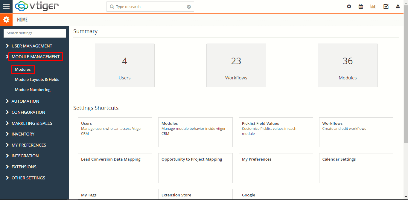 CRM Setting Module Management