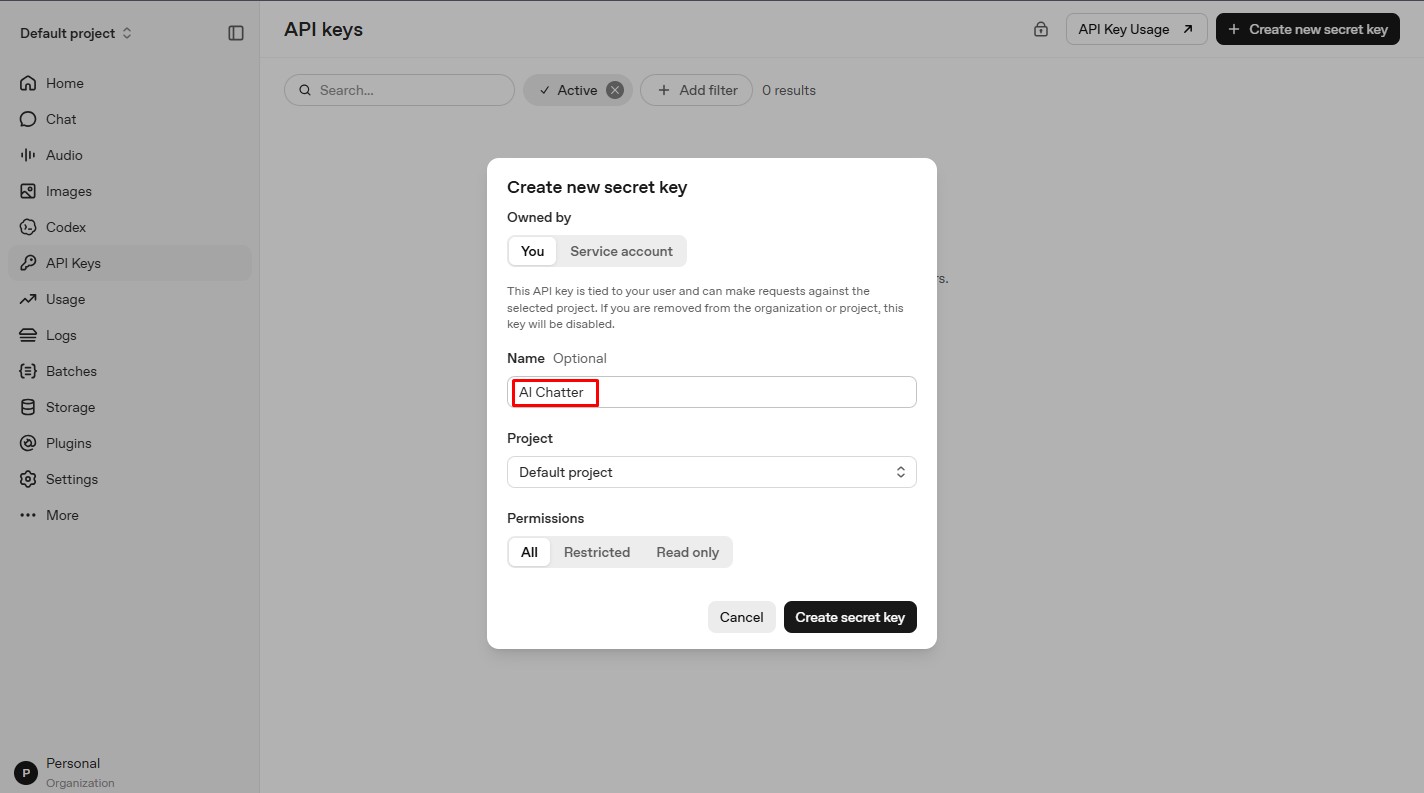 Enter API key name for AI Chatter