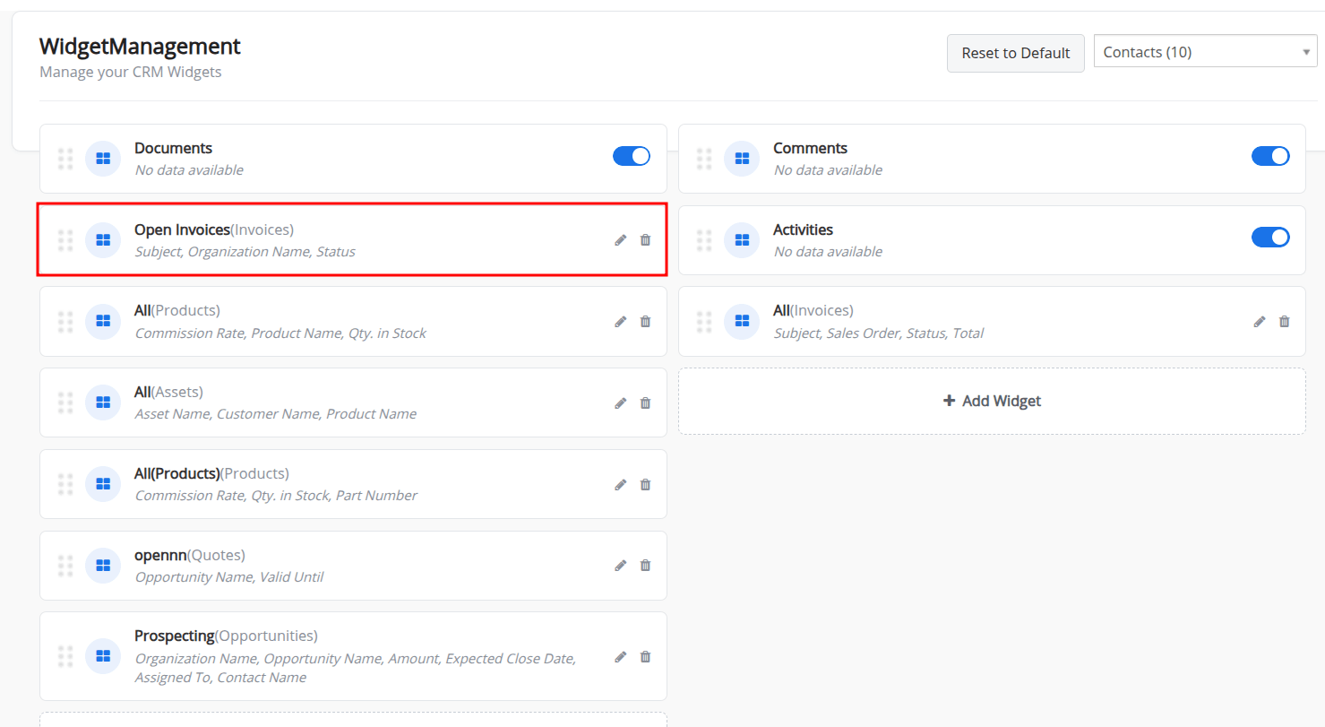 Manage Created Widgets