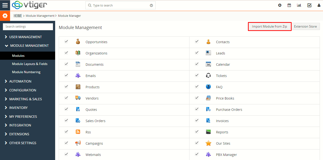 Module manager import zip