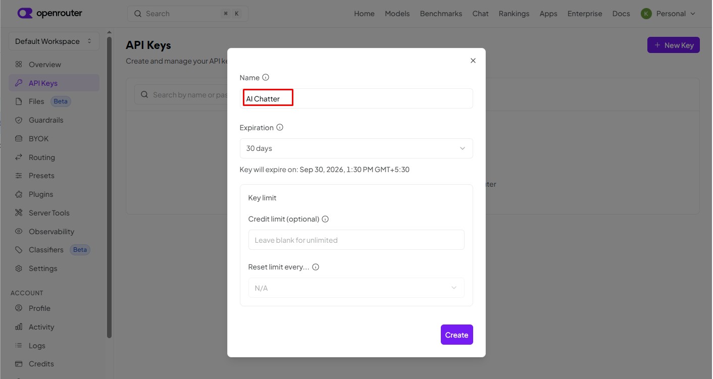 Name OpenRouter API key for AI Chatter