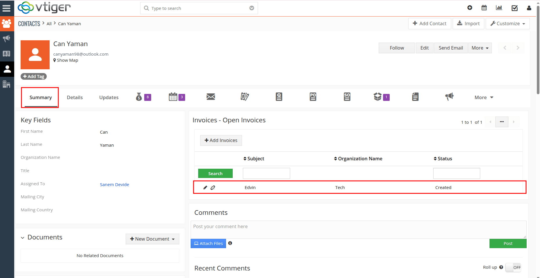 Open Invoices Widget summary