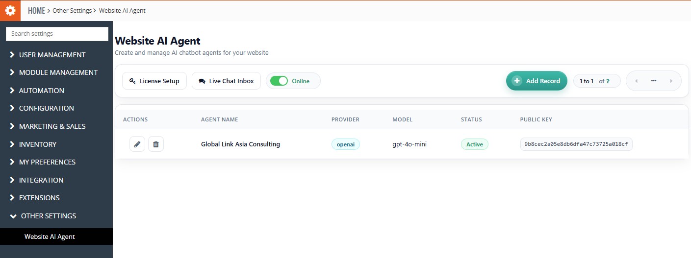 Open Website AI Agent in Vtiger CRM