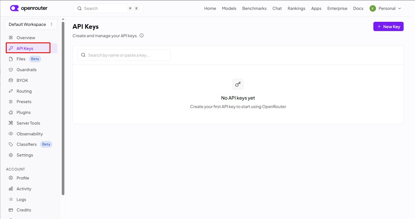 OpenRouter API Keys section for AI Chatter