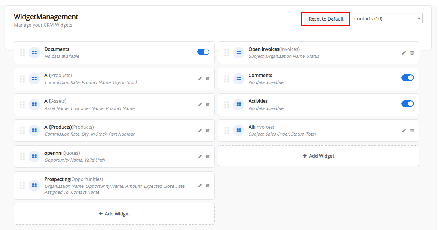 reset widgets to default 