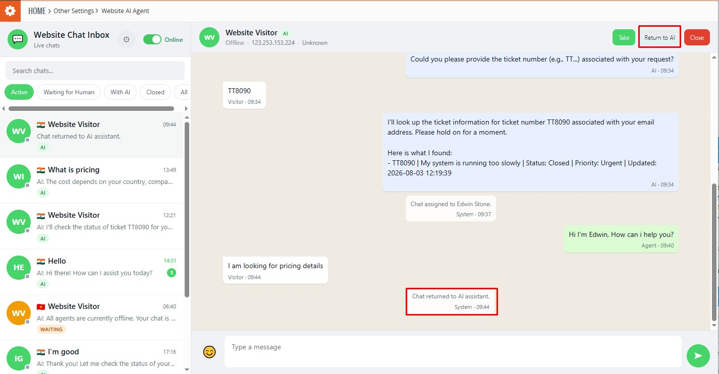 Return conversation to AI Agent