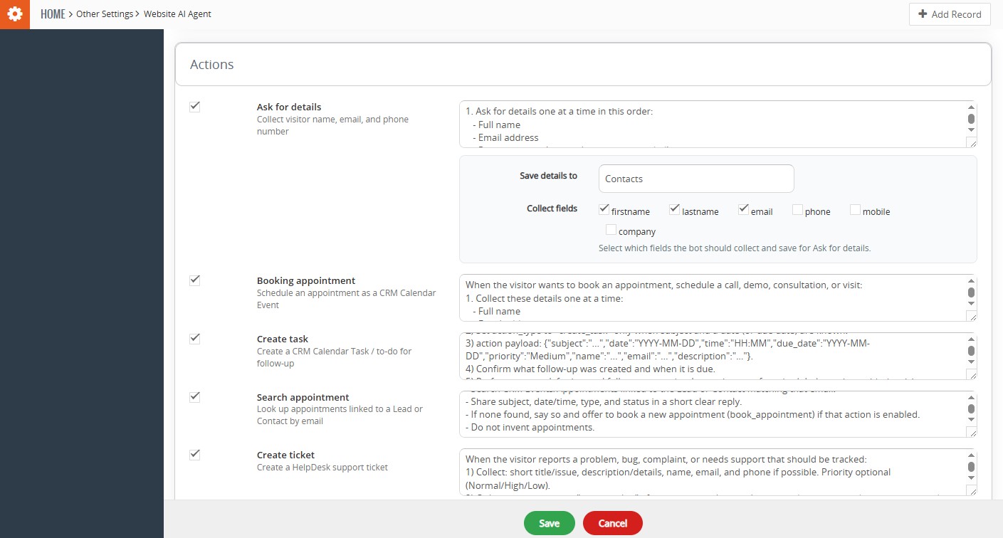 Website AI Agent actions in Vtiger CRM