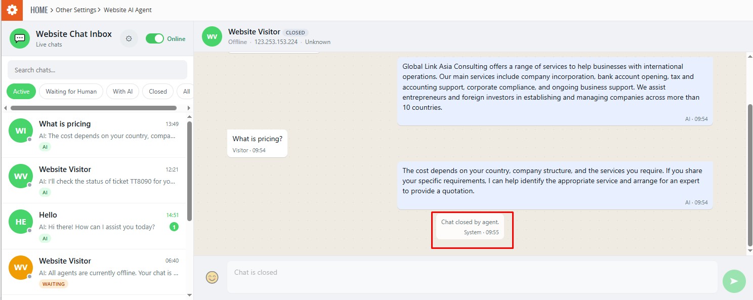 Website AI Agent chat closed by agent