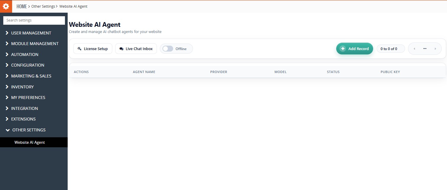Website AI Agent configuration in Vtiger CRM