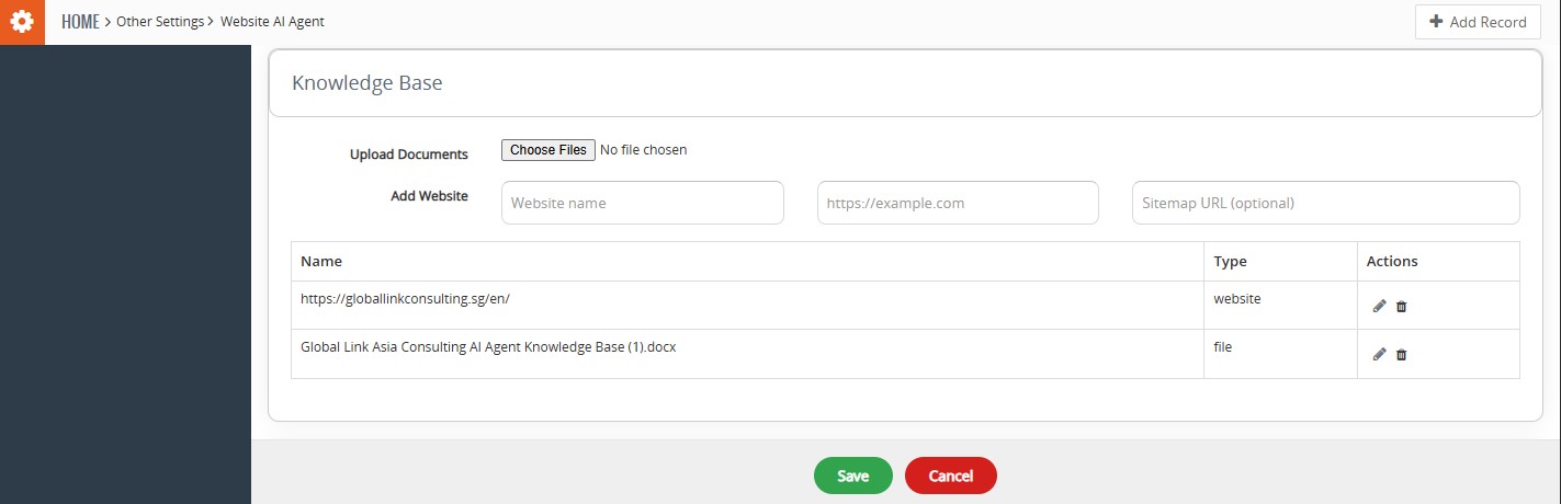 Website AI Agent knowledge base