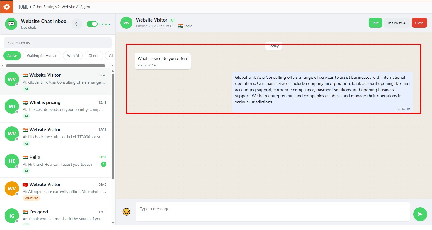 Website AI Agent Live Chat Inbox