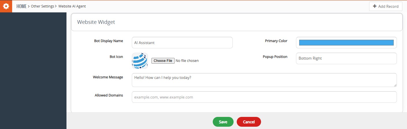 AI Agent widget configuration