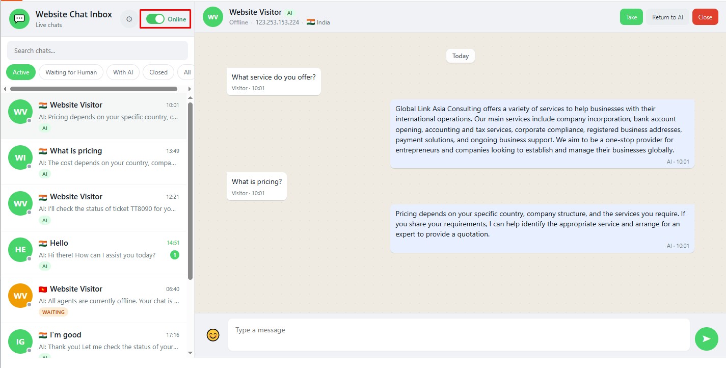 Website Chat Online Offline Status