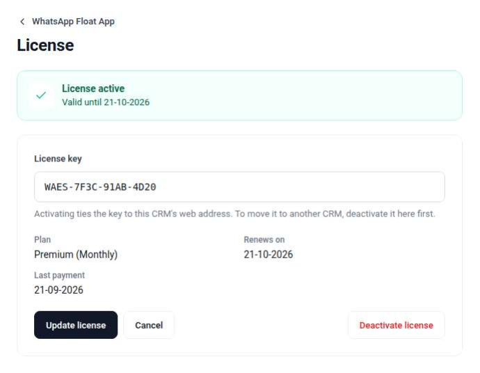 WhatsApp float app license active renewal date deactivate
