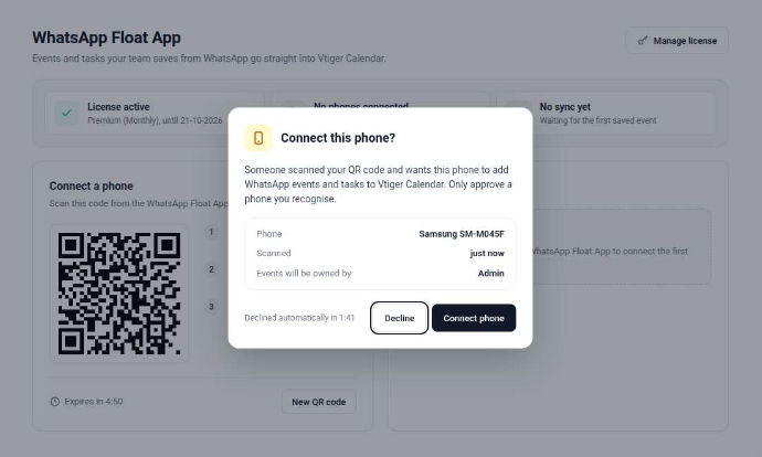 WhatsApp float app vtiger approve connect phone