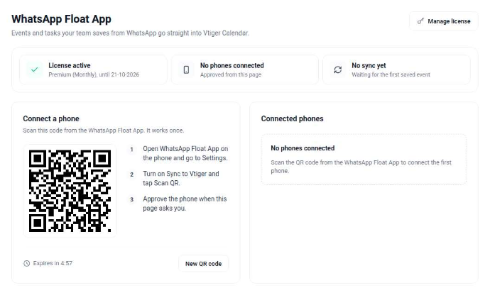 Connect WhatsApp float app with phone QR Code