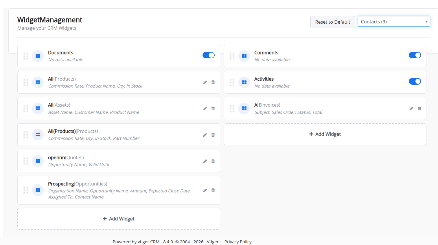 Default Widgets