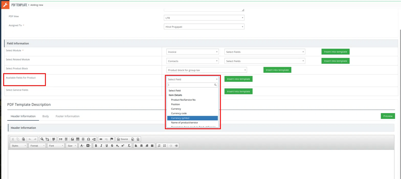 Available product fields for custom PDF template design