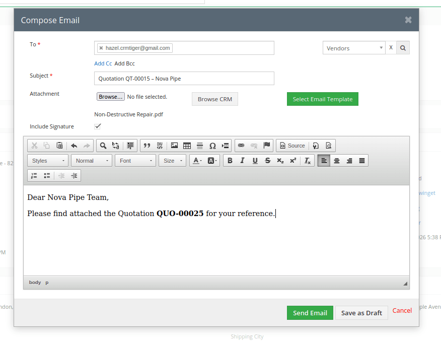 Compose email with the generated PDF file attached