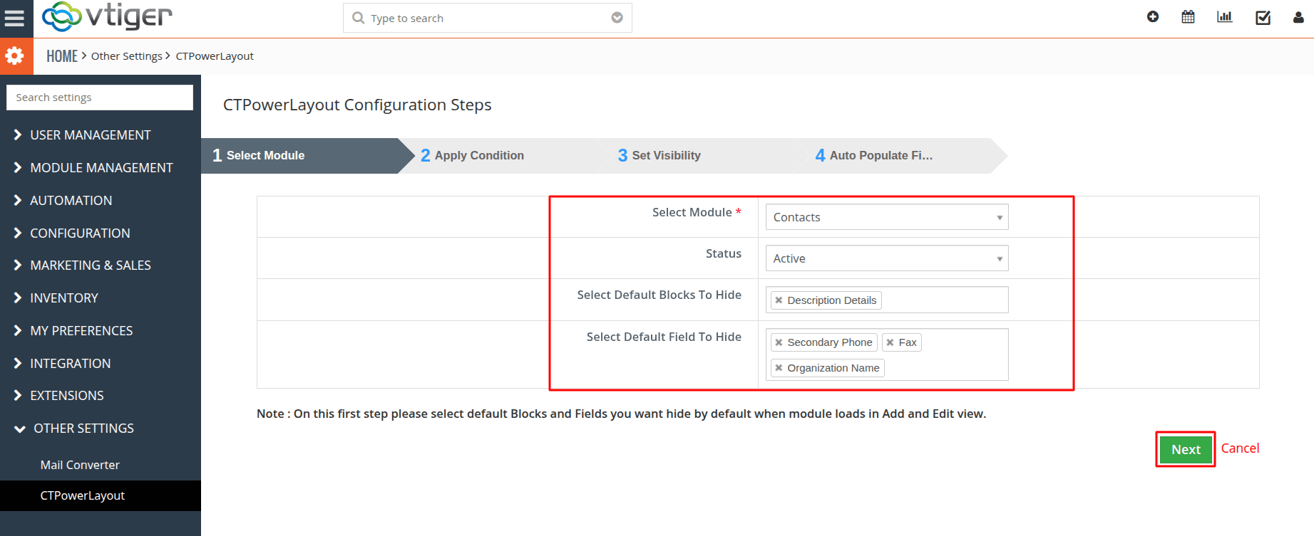 Default Field Hide settings for Power Layout configuration