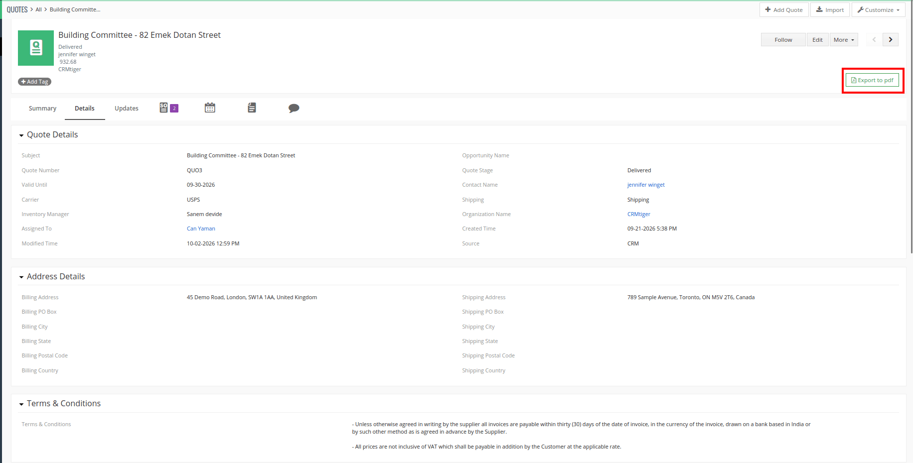Open PDF template export from a CRM quote record