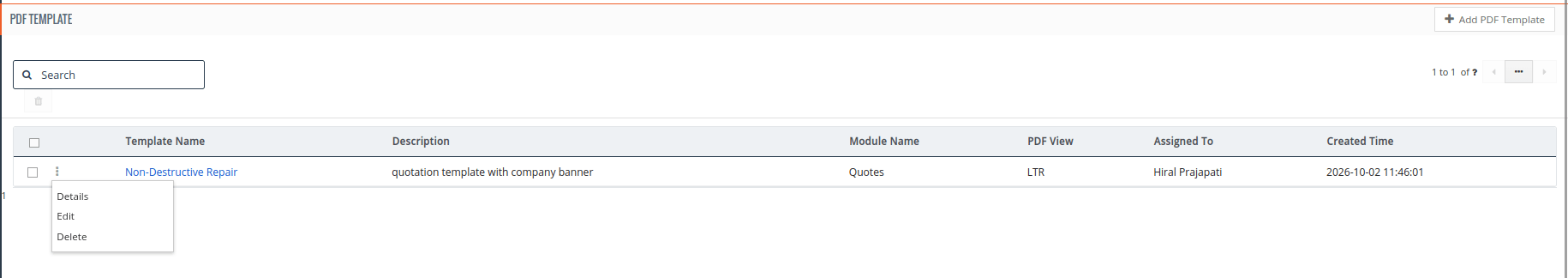 Manage PDF templates using the details edit and delete menu
