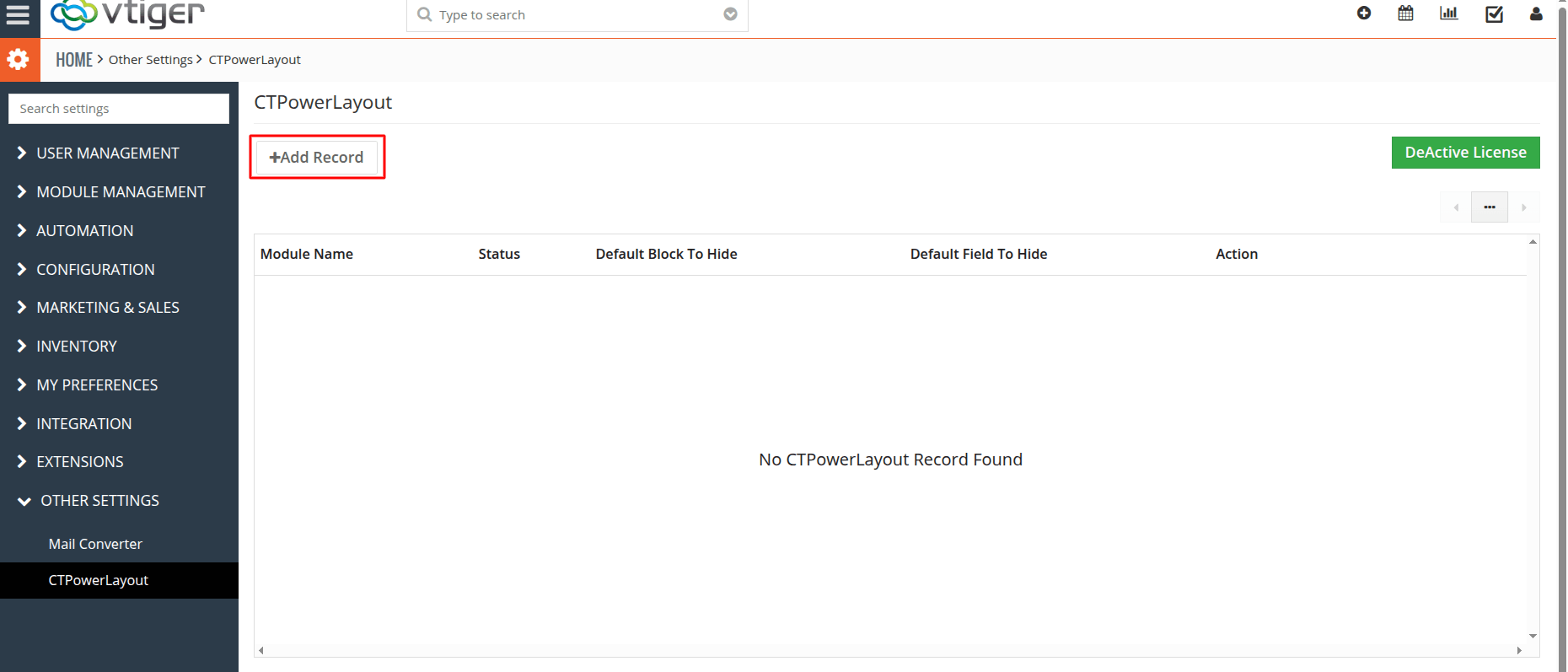 Power Layout settings page with Add Record button